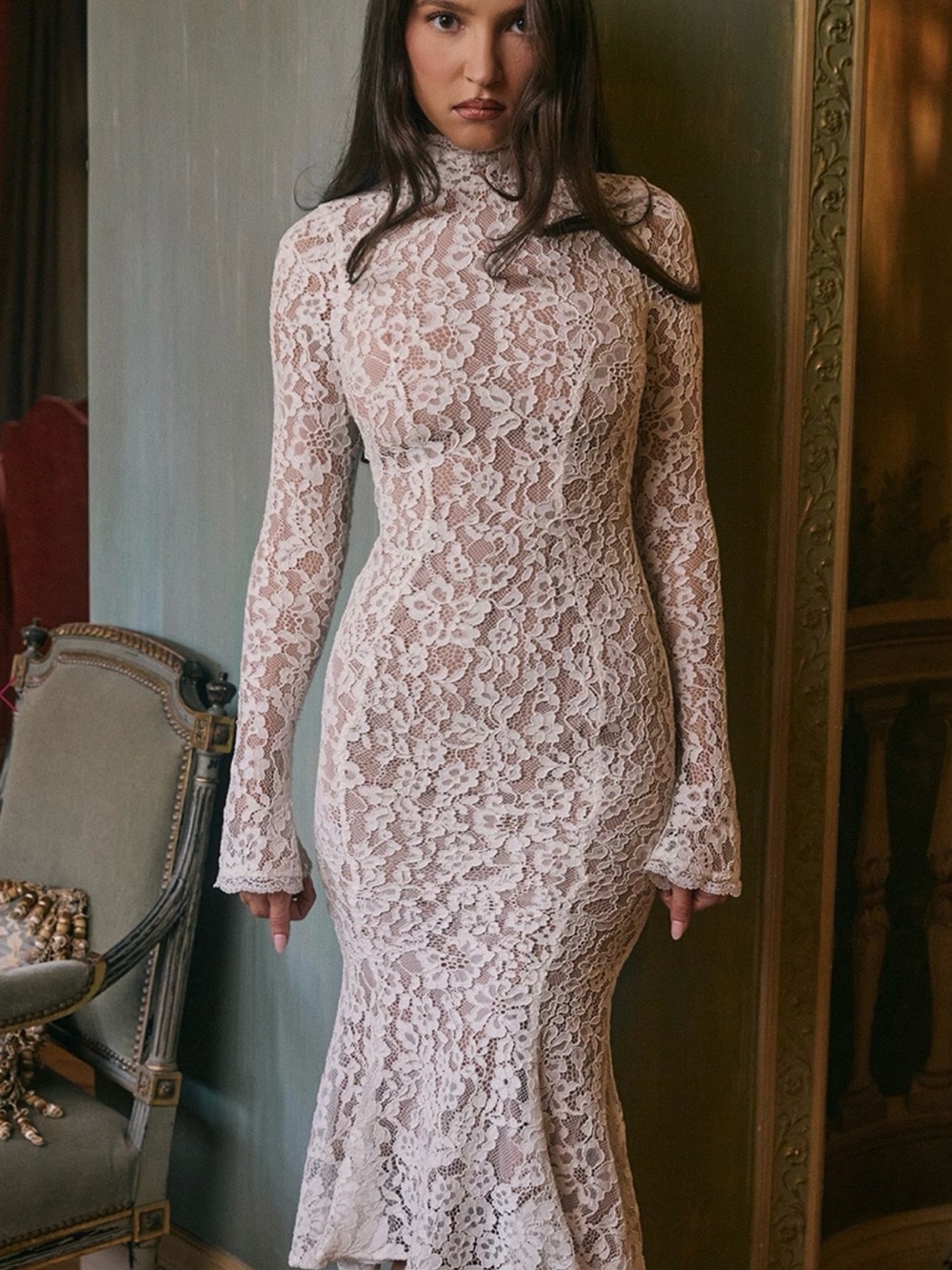 House Of CB SOPHIA Vintage Ivory Lace Fitted Midi Dress Size - XS